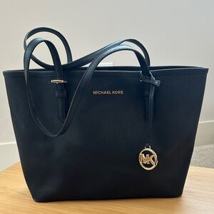 Michael Kors Black Leather Tote with Gold MK Charm